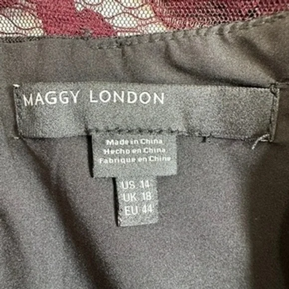 Maggy London Plum Wine Red Lace Fluted Midi Long Sleeve Dress Velvet Belt SZ 14 - Picture 8 of 9